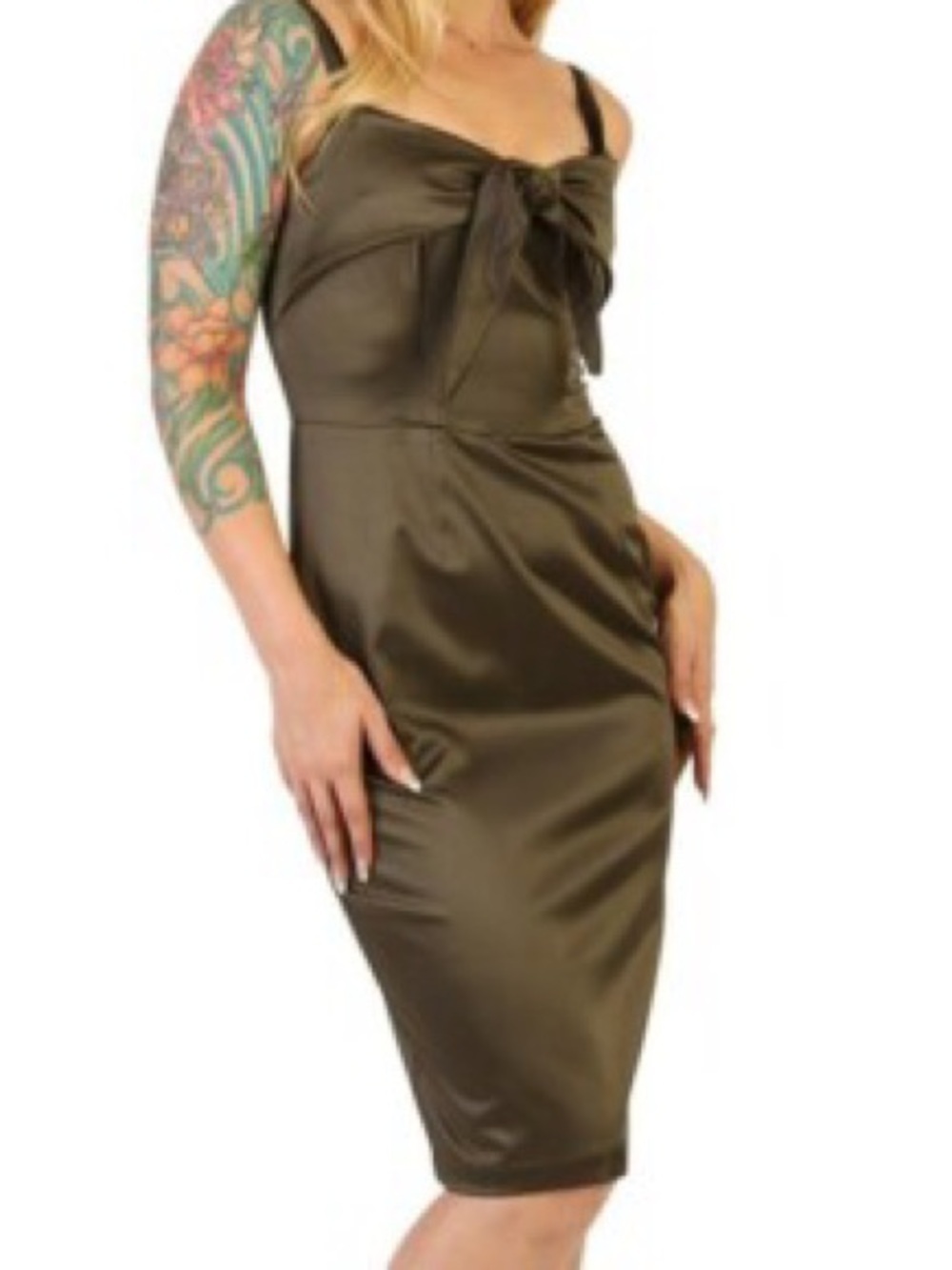 Lucky 13| ‘Pucker Up’ Olive Green Retro Front-Tie Satin Pencil Skirt Dress Sz S